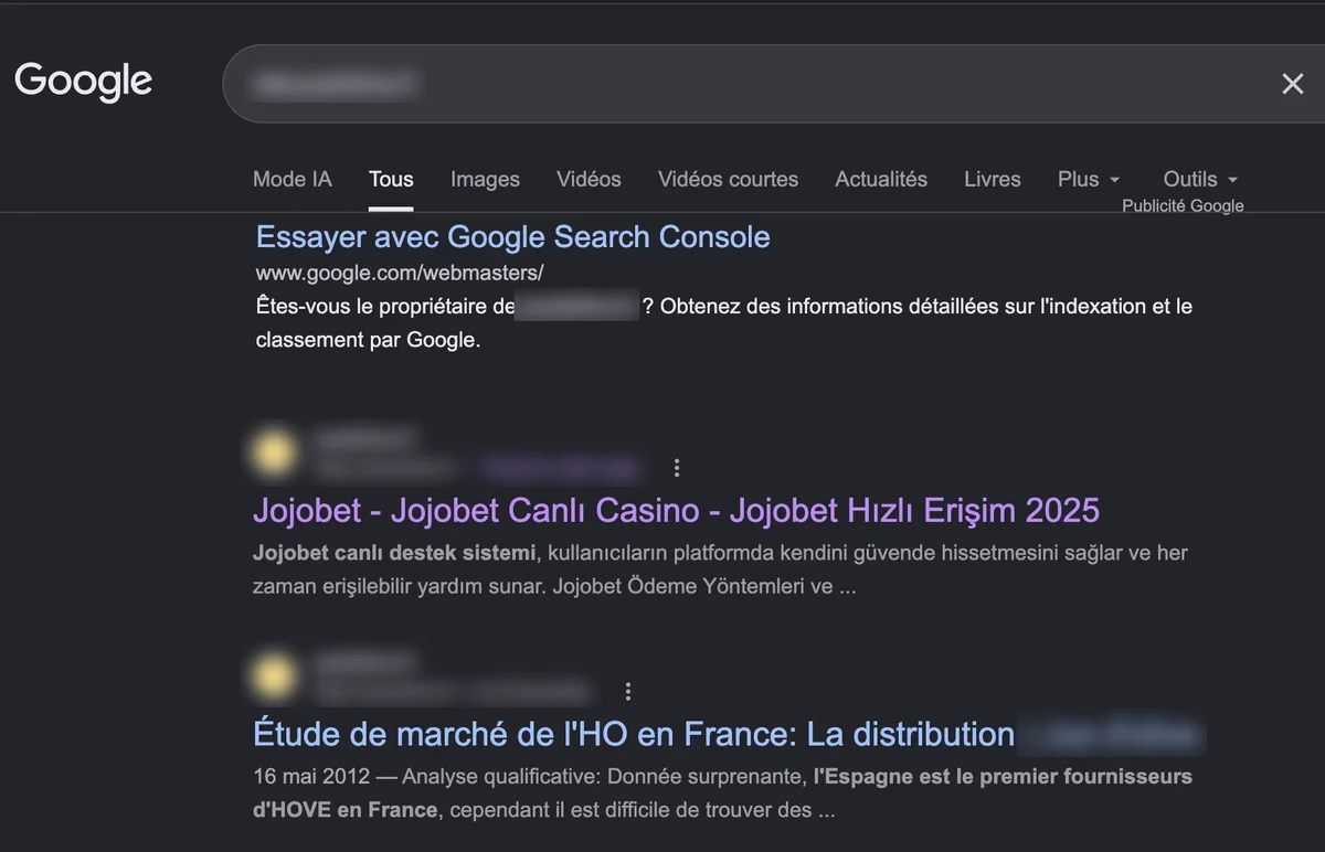 Recherche site: sur le site d'un producteur d'huile d'olive : la page d'accueil apparaît sous un titre de casino en turc