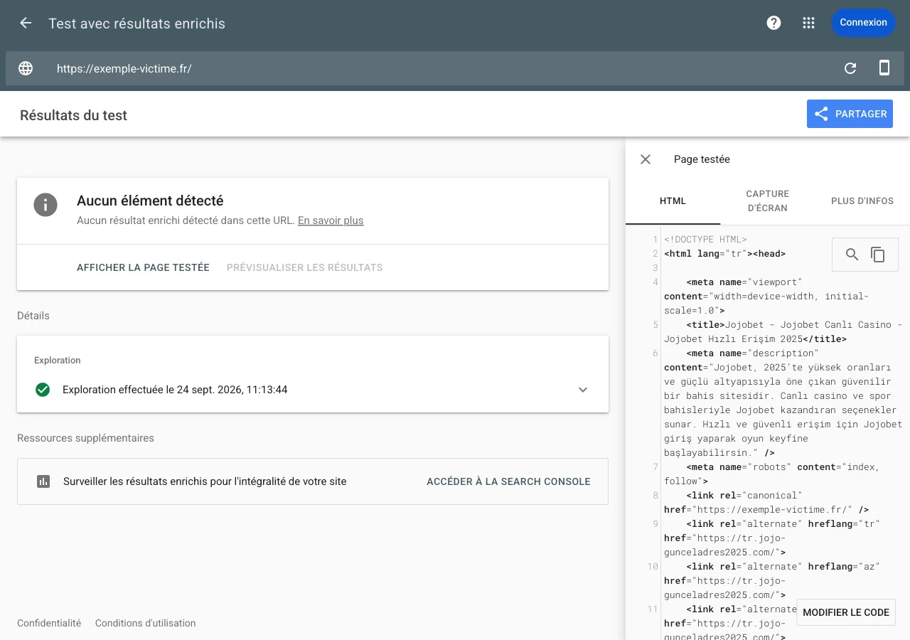 Test des résultats enrichis : onglet HTML de la page testée, le titre servi à Google est une page de casino